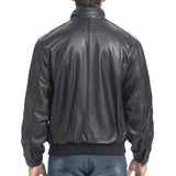 Back view of men’s tall black lambskin bomber jacket