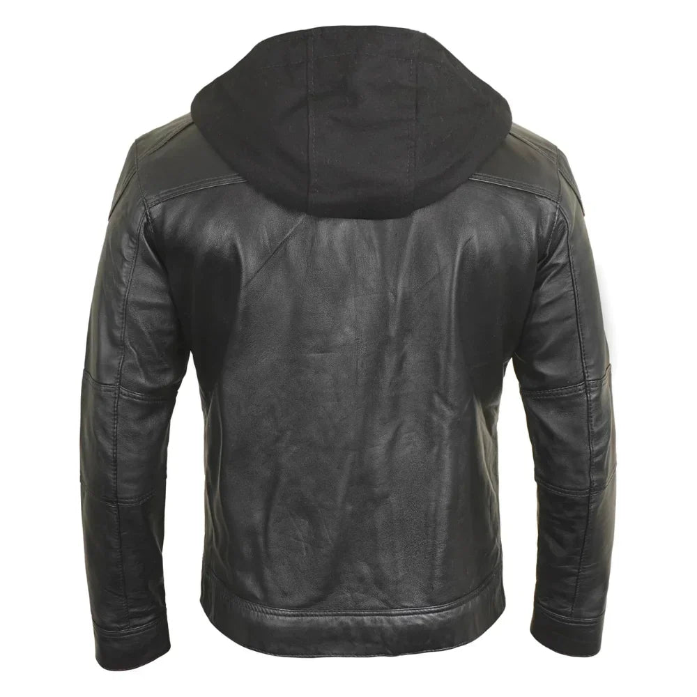 Back view of men’s tall black leather biker jacket