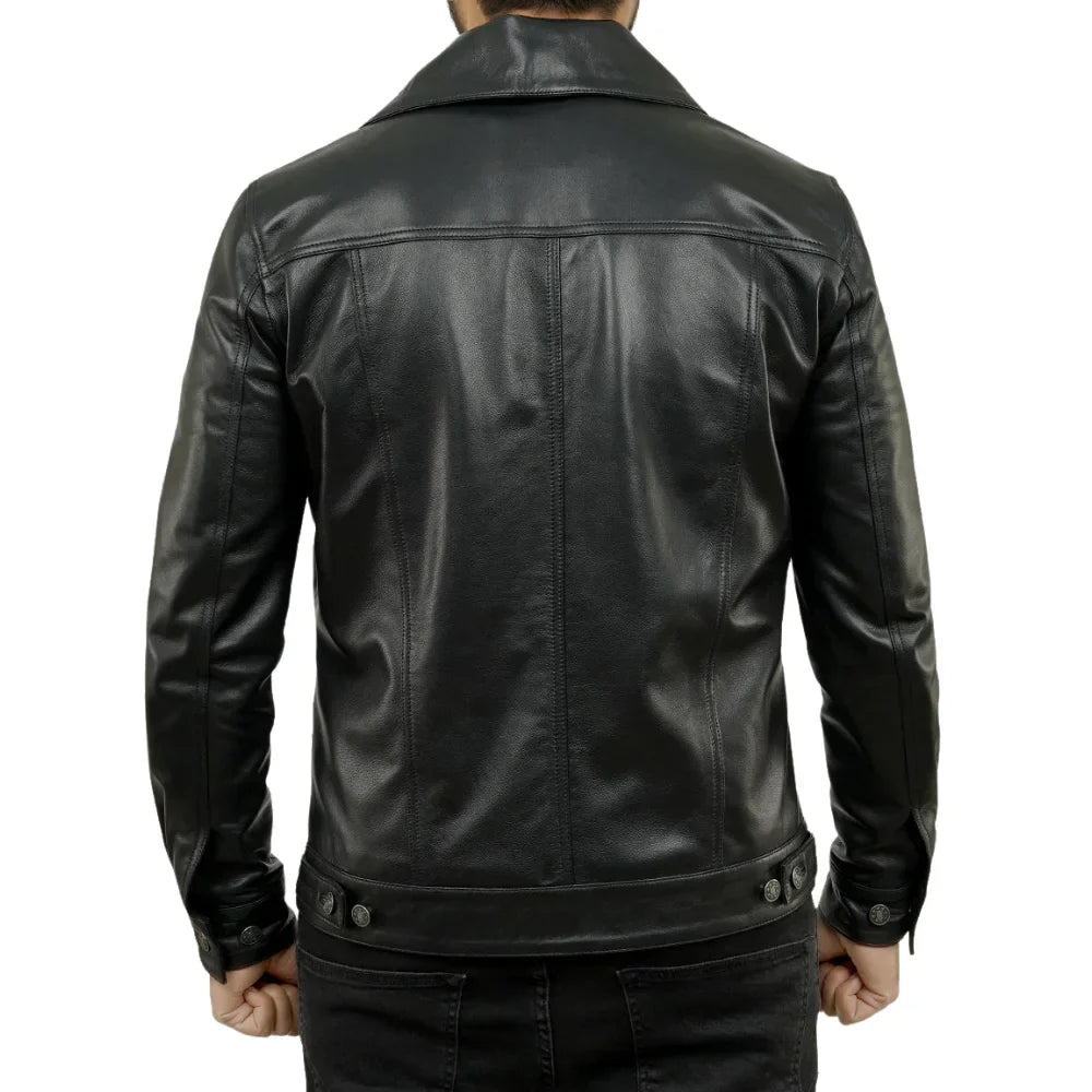 Back view of men’s tall black leather trucker jacket