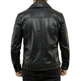 Back view of men’s tall black leather trucker jacket