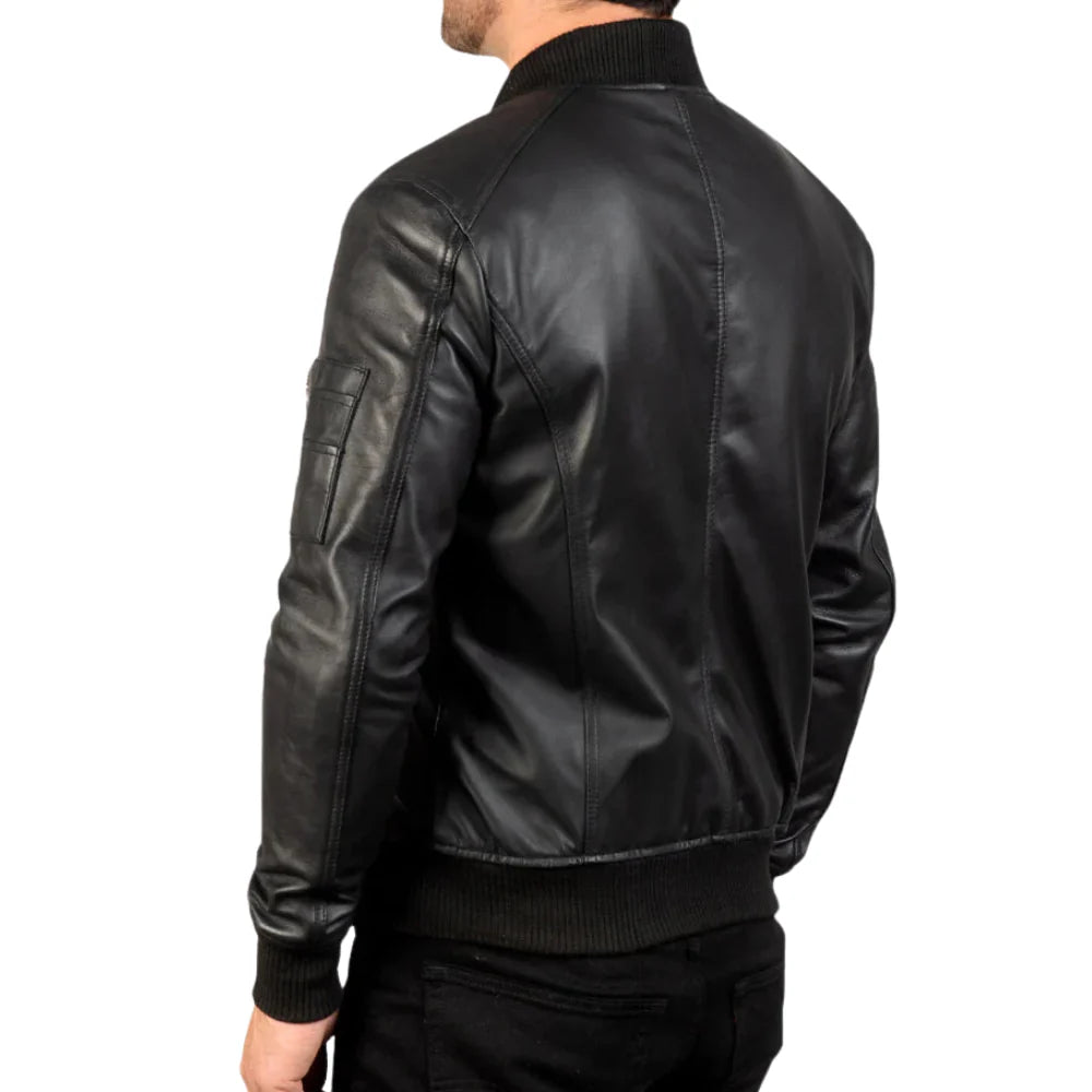 Back view of men’s tall black MA-1 leather bomber jacket