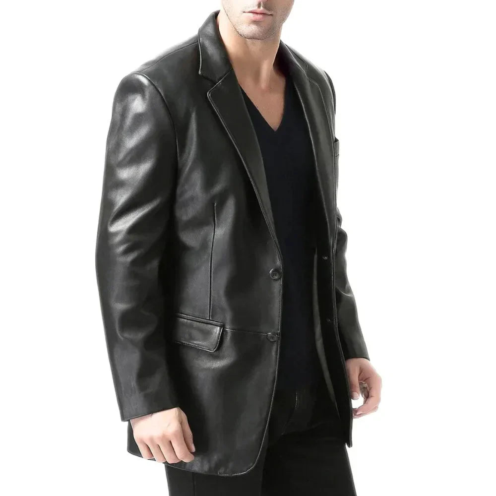 Side view of black leather blazer for tall men