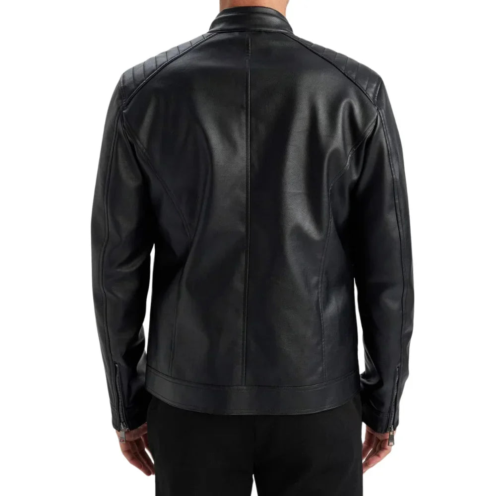 Back view of men’s tall black quilted leather jacket