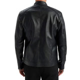 Back view of men’s tall black quilted leather jacket