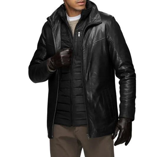 Side view of black leather walking coat for tall men