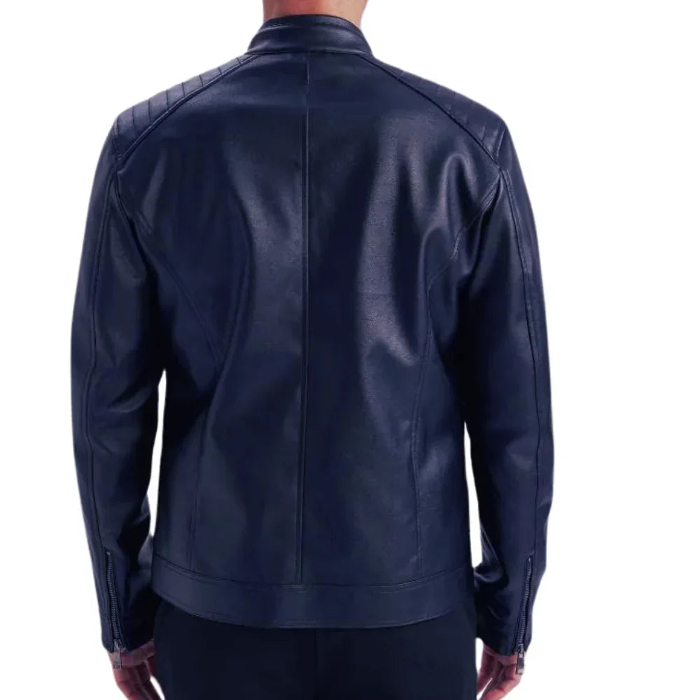 Back view of men’s tall blue quilted leather jacket