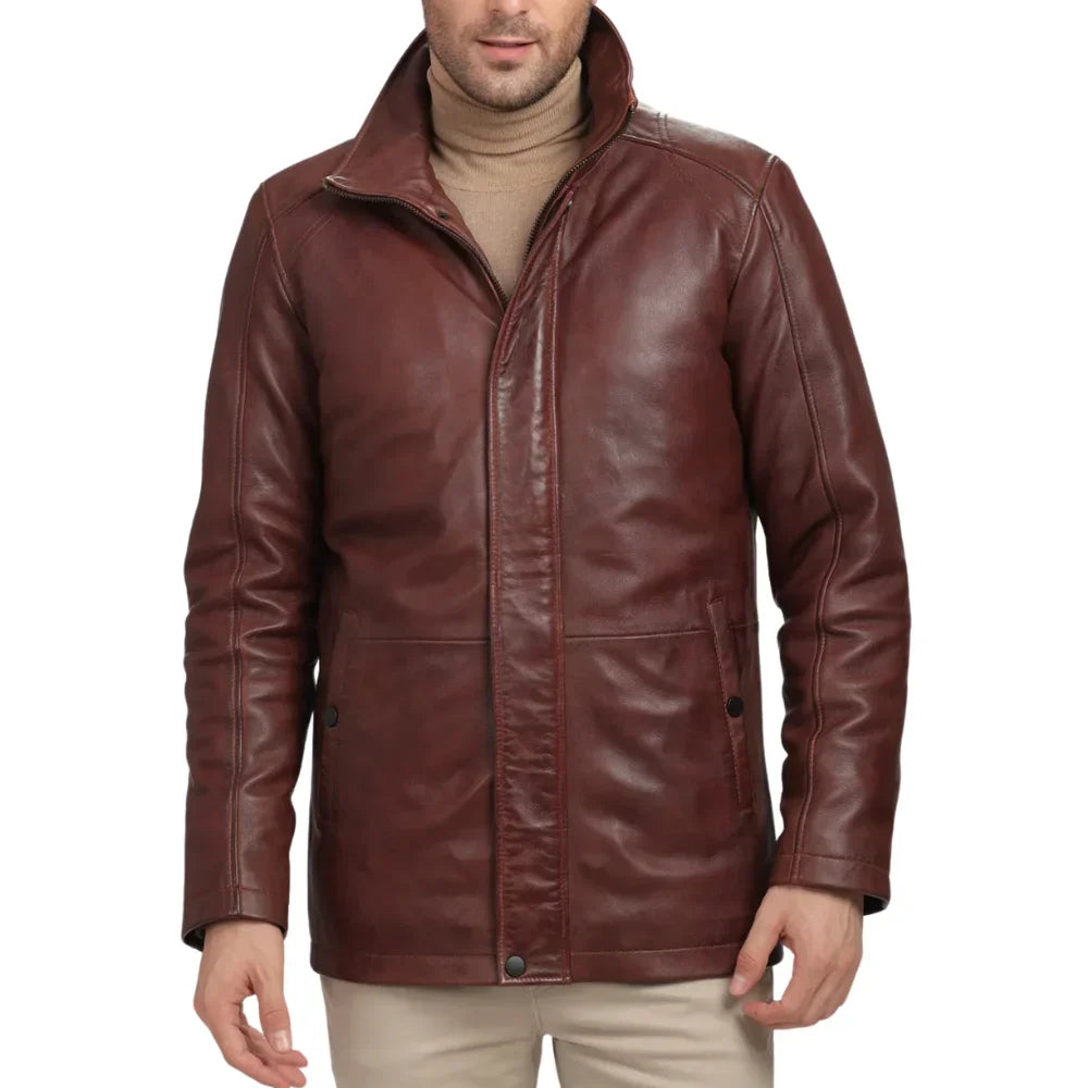 Brown lambskin leather car coat for tall men