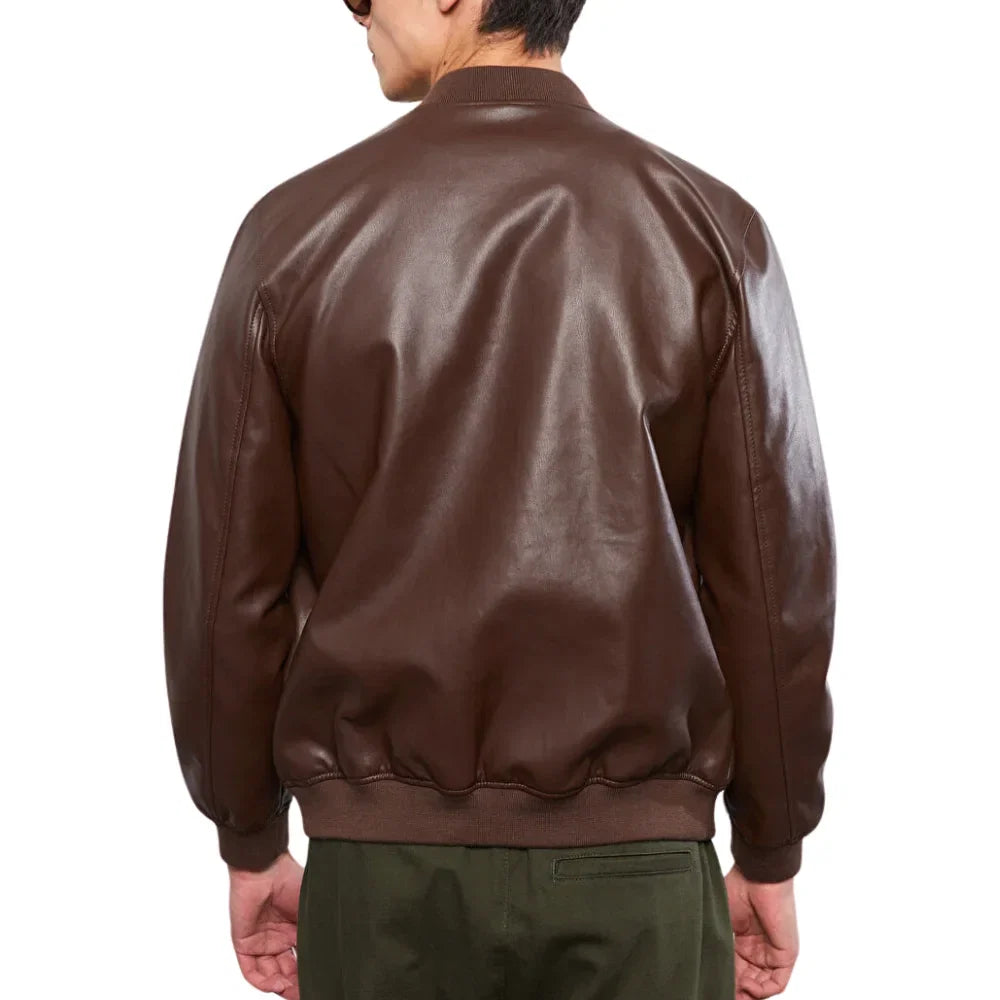 Back view of men’s tall brown leather bomber jacket