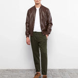 Front of men’s tall brown leather bomber jacket