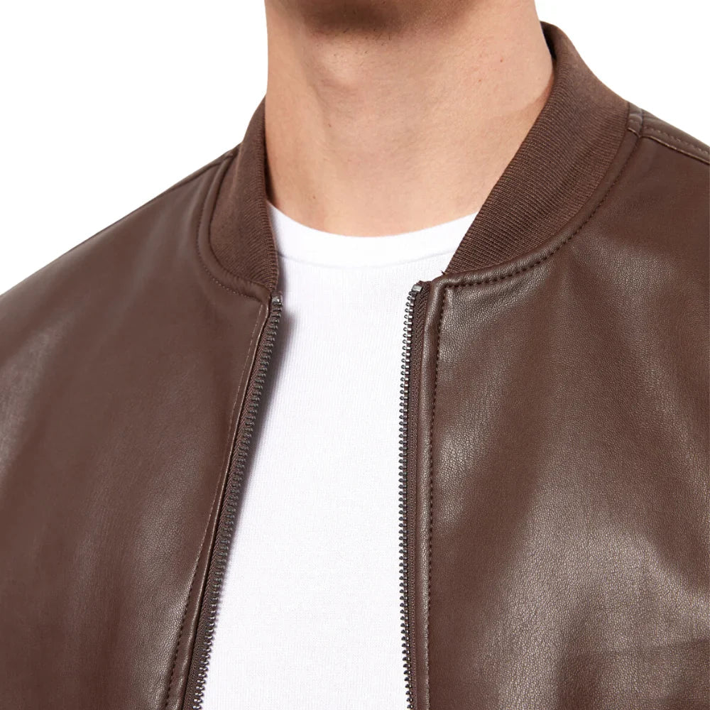 Chocolate brown leather bomber jacket for tall men