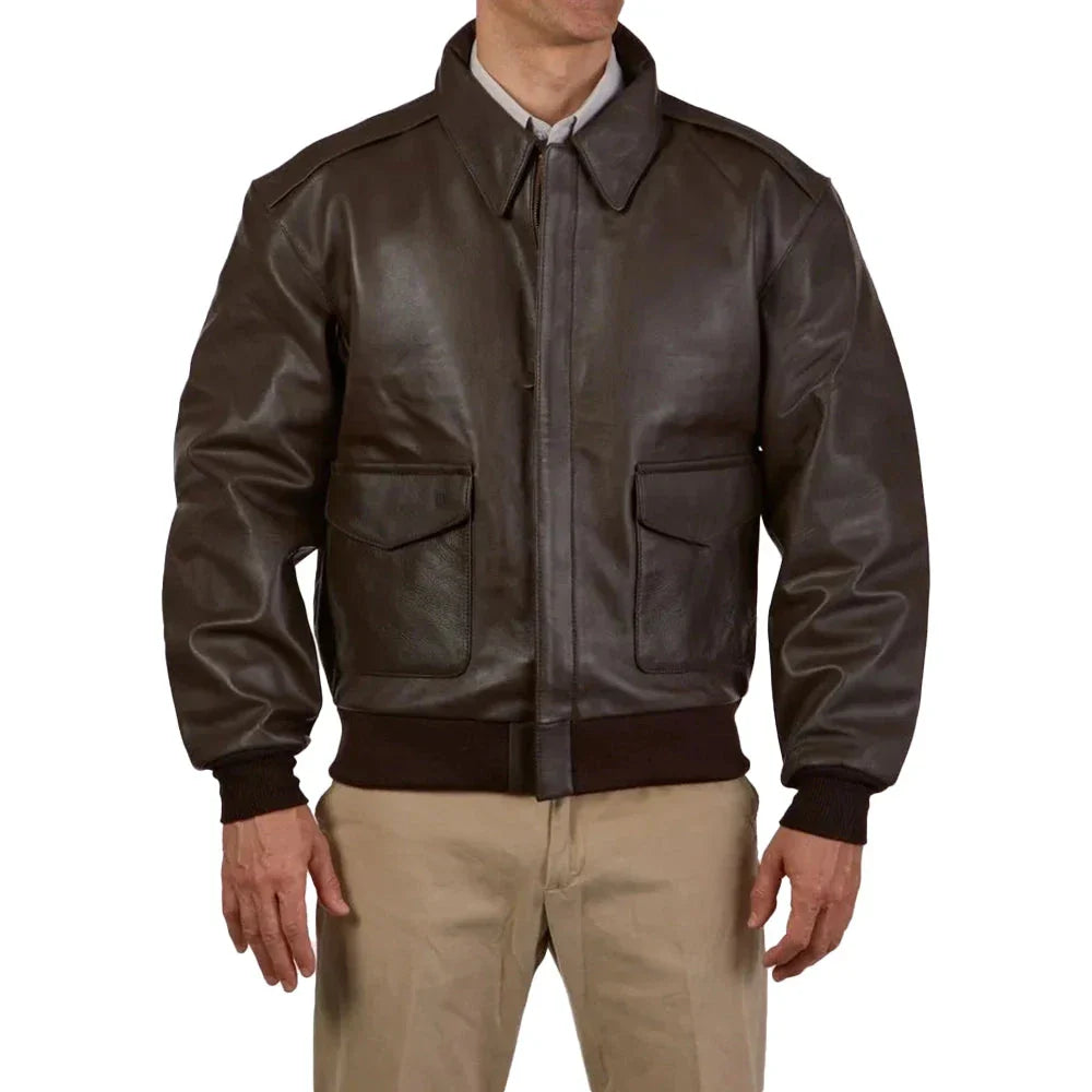 Distressed brown aviator leather jacket for tall men