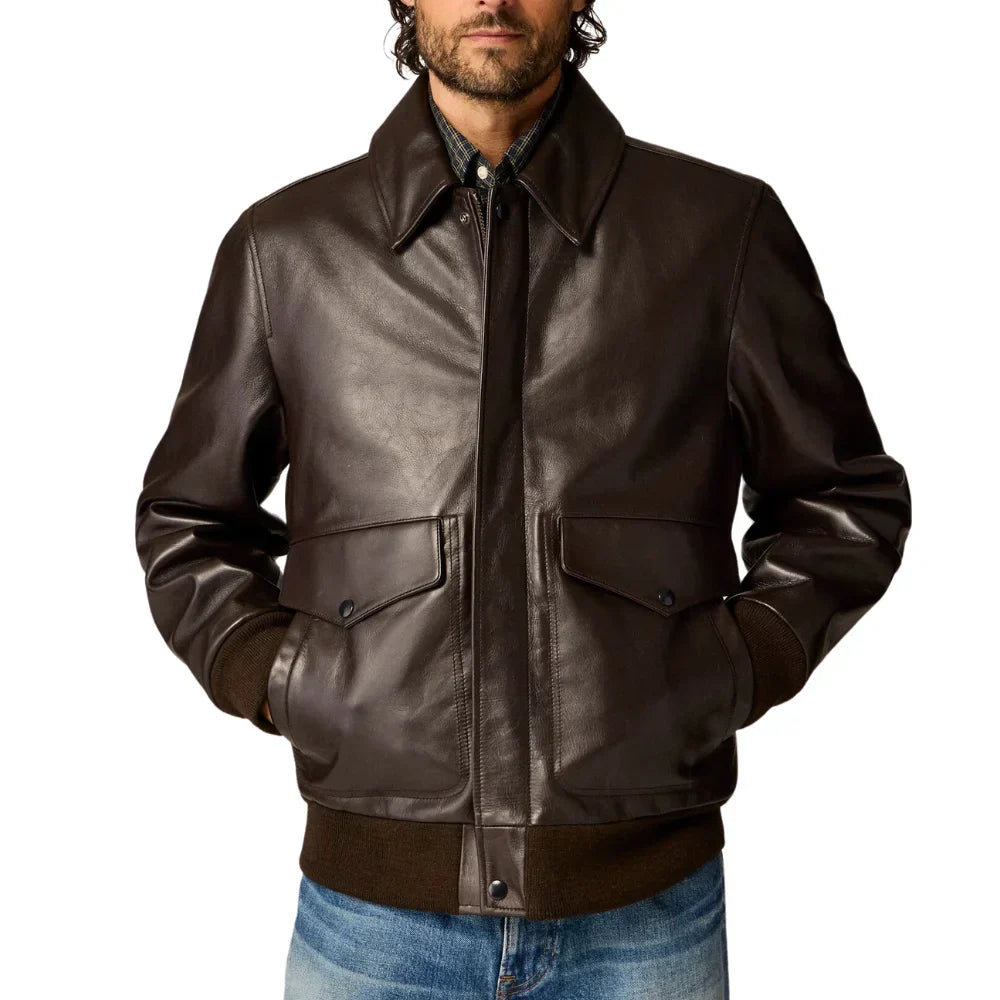 Vintage brown leather flight jacket for tall men