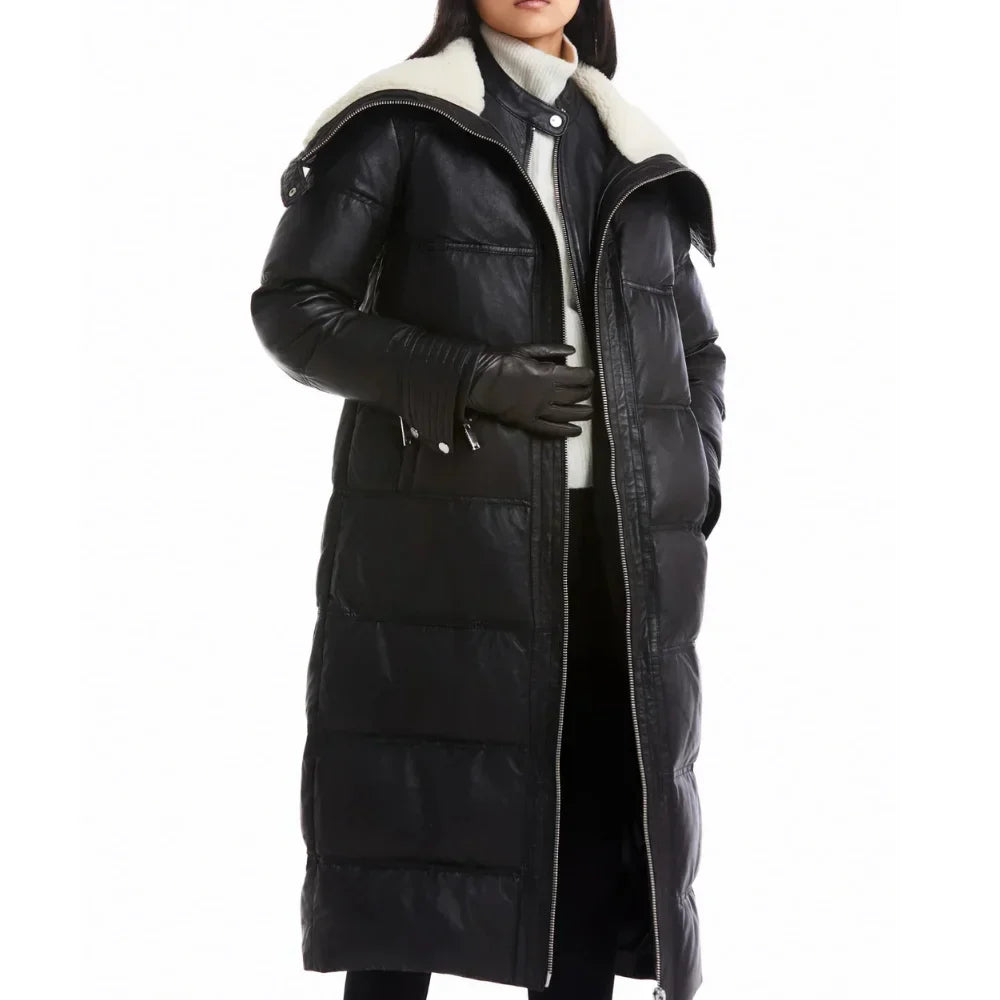 Tall women’s black full-length leather winter coat