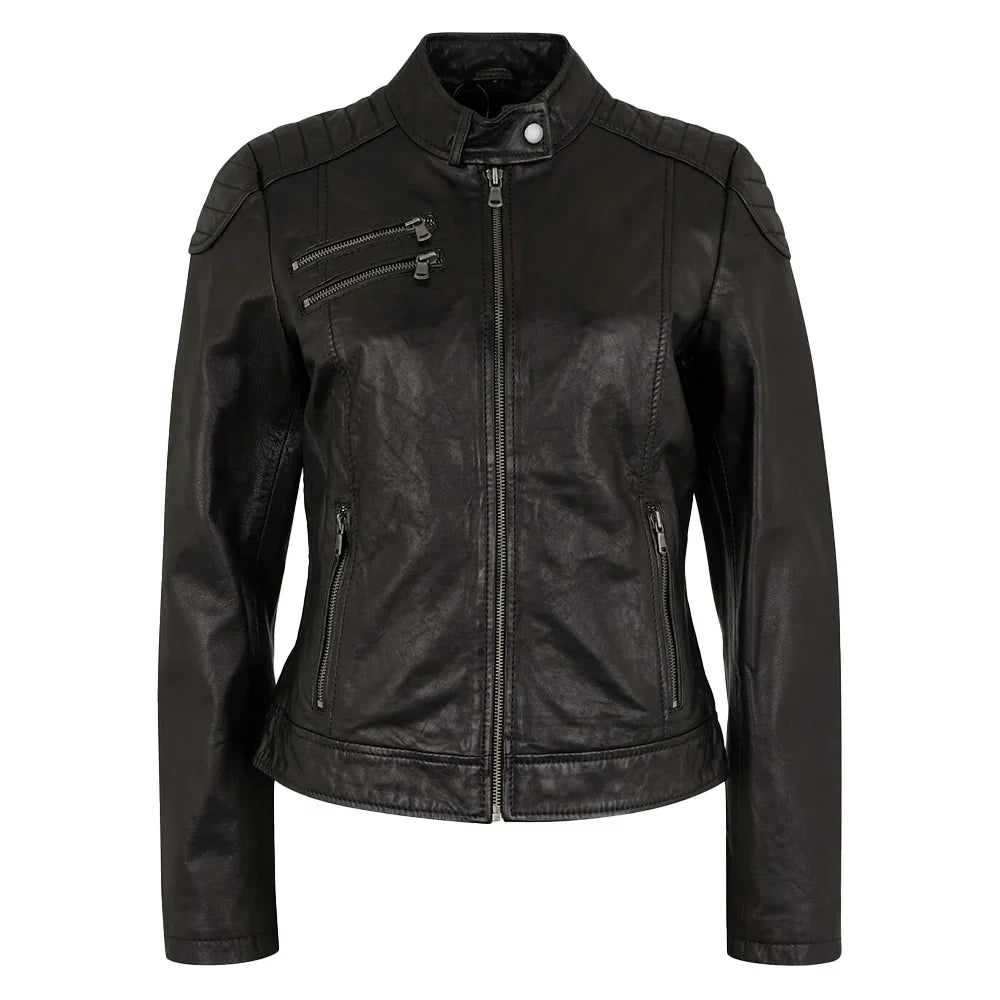Tall women’s black nubuck cowhide biker jacket front view