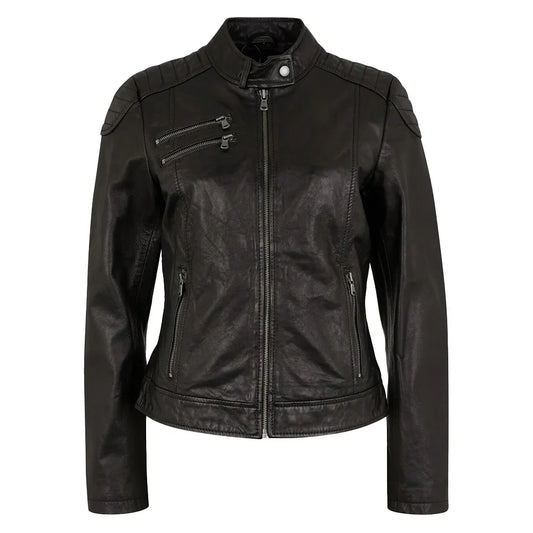 Tall women’s black nubuck cowhide biker jacket front view