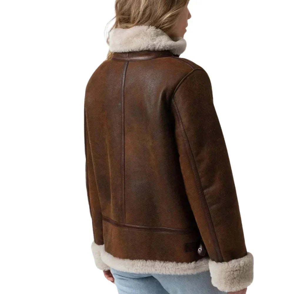 Back view of tall women’s brown B3 shearling jacket