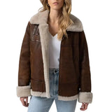 Tall women’s brown B3 shearling leather jacket front view