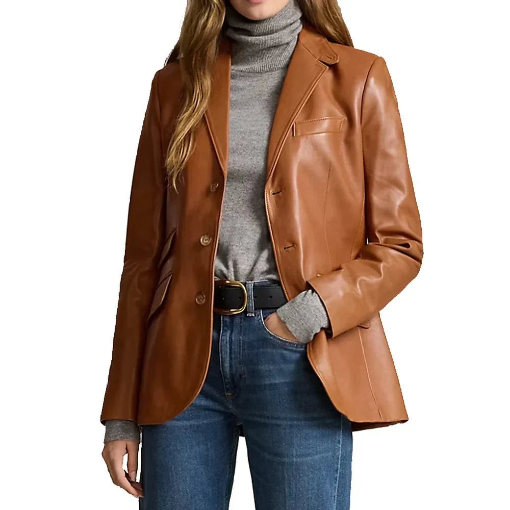 Button front on tall women’s brown leather blazer