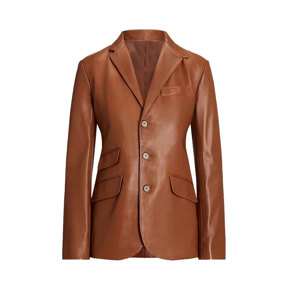 Tall women’s brown leather blazer front view