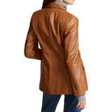 Full-length sleeve on tall women’s brown leather blazer