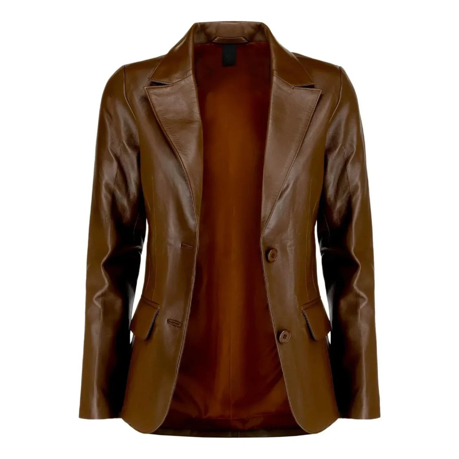 Lapel collar on tall women’s dark brown leather blazer