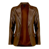 Lapel collar on tall women’s dark brown leather blazer