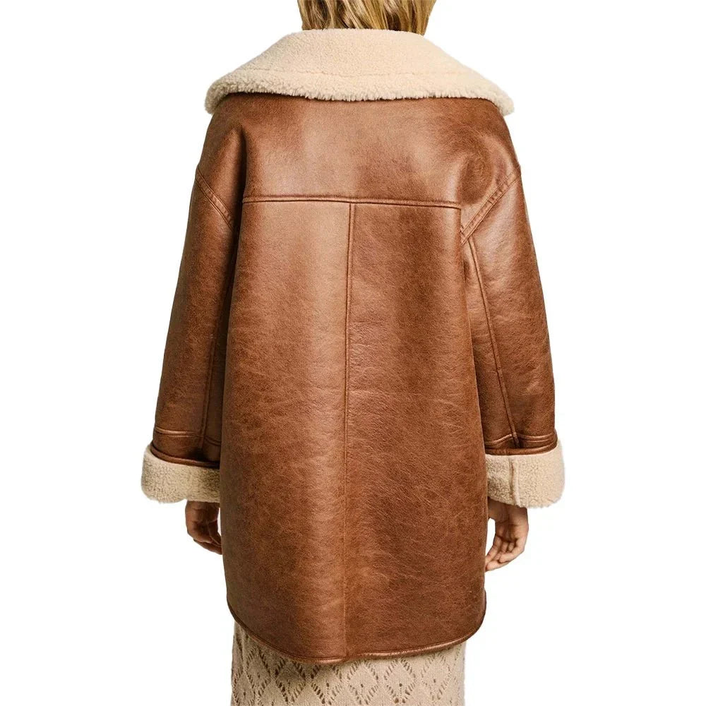 Back view of tall women’s brown and white aviator jacket