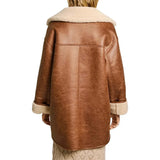 Back view of tall women’s brown and white aviator jacket