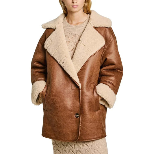 Tall women’s brown and white Sherpa aviator jacket front view