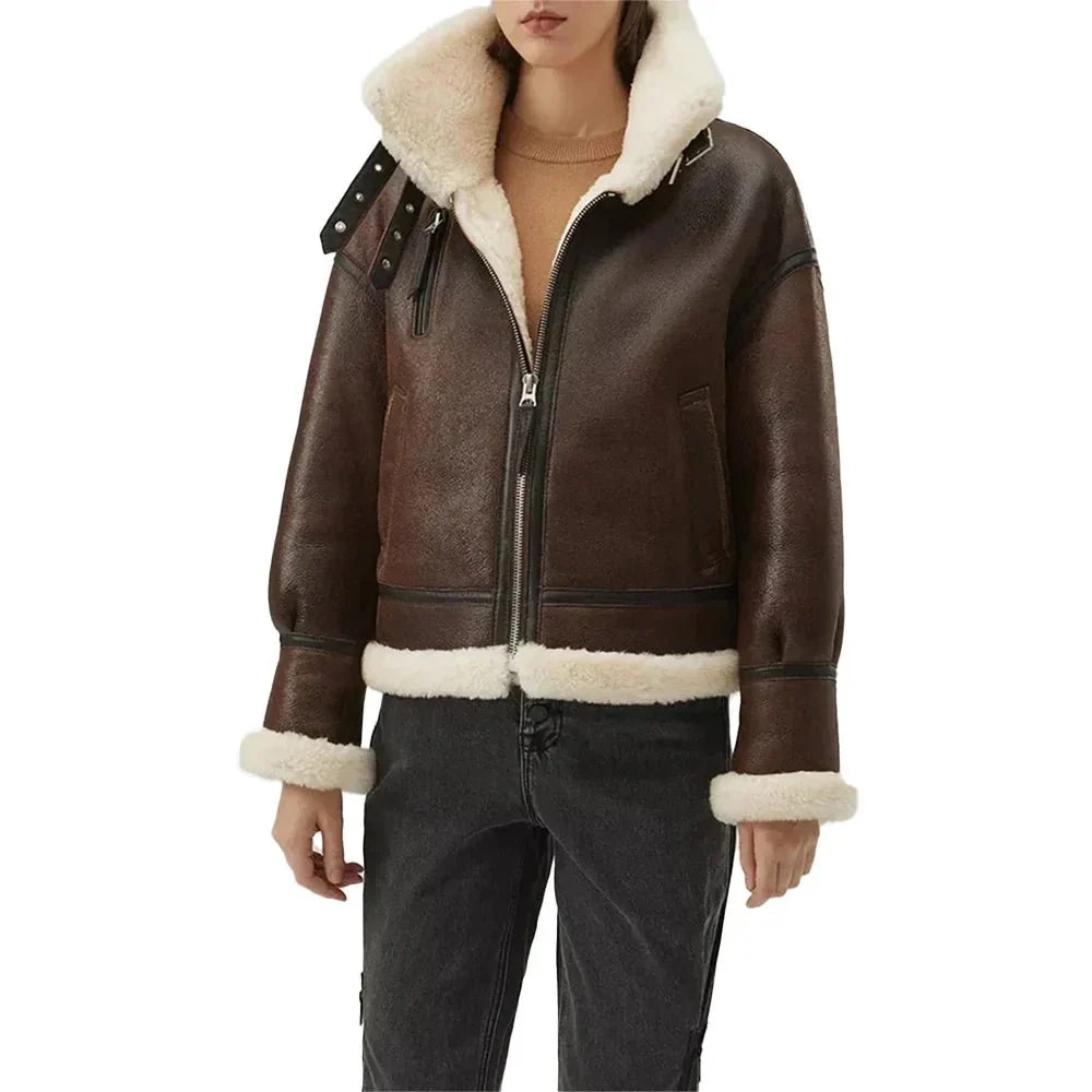 Tall women’s chocolate brown hooded B3 aviator jacket front view