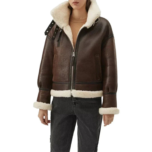 Tall women’s chocolate brown hooded B3 aviator jacket front view