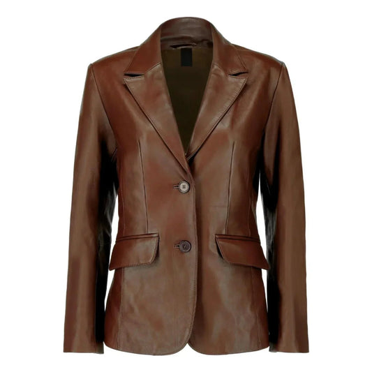 Tall women’s dark brown lambskin leather blazer front view