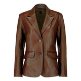 Tall women’s dark brown lambskin leather blazer front view