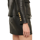 Full-length sleeves on tall women’s double-breasted leather blazer