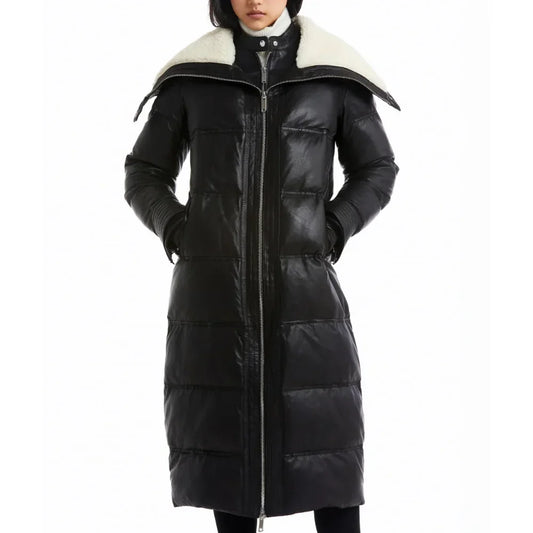 Tall women’s full-length lamb leather coat front view