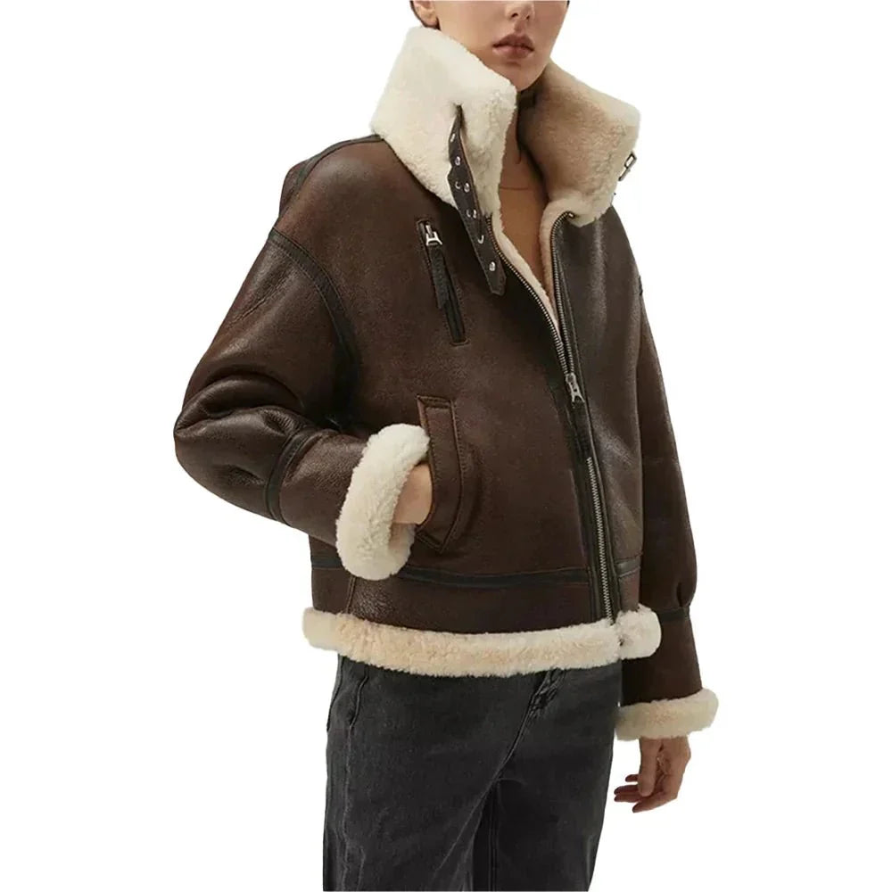 Side view of tall women’s hooded B3 aviator jacket