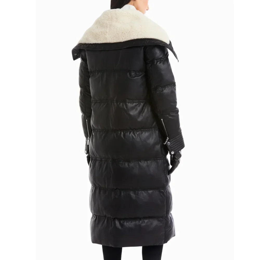 Back view of tall women’s full-length lamb leather coat