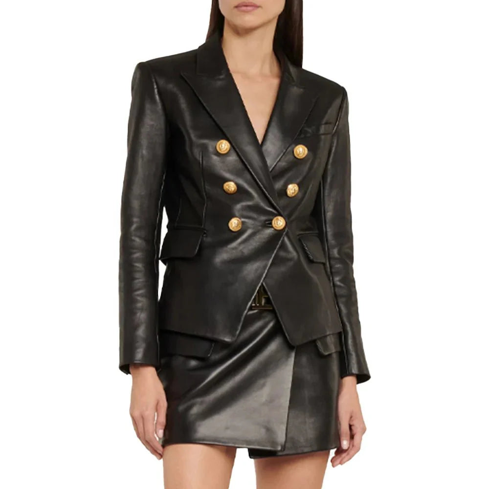 Double-breasted button front on tall women’s leather blazer