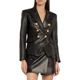 Double-breasted button front on tall women’s leather blazer