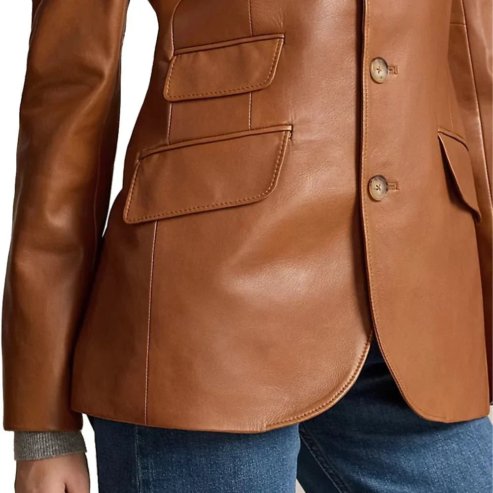 Open-hem cuffs on tall women’s brown leather blazer