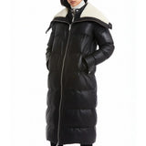 Tall women’s leather coat with oversized shearling funnel collar