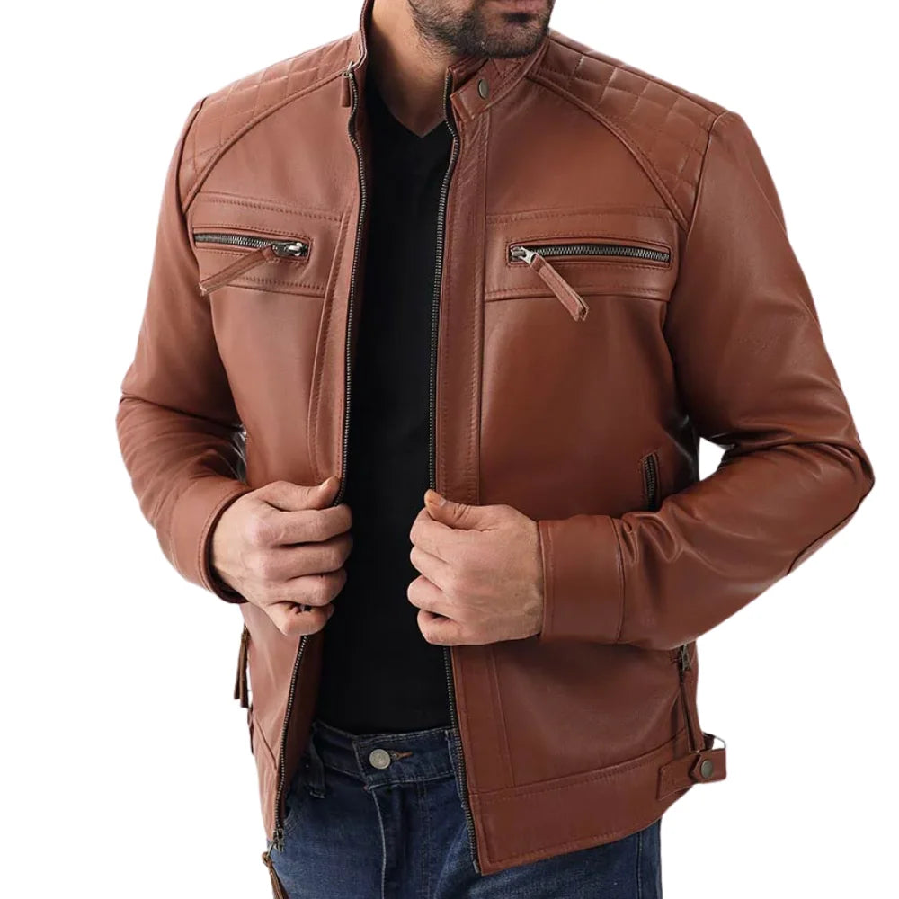Men's Cognac Brown Real Lambskin Biker Leather Jacket with Quilted Shoulders