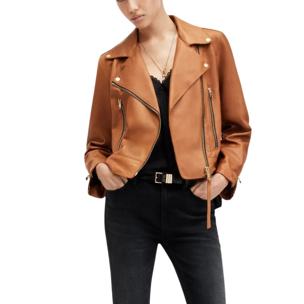 Women’s Tan Real Leather Biker Jacket - Trendy Jacket