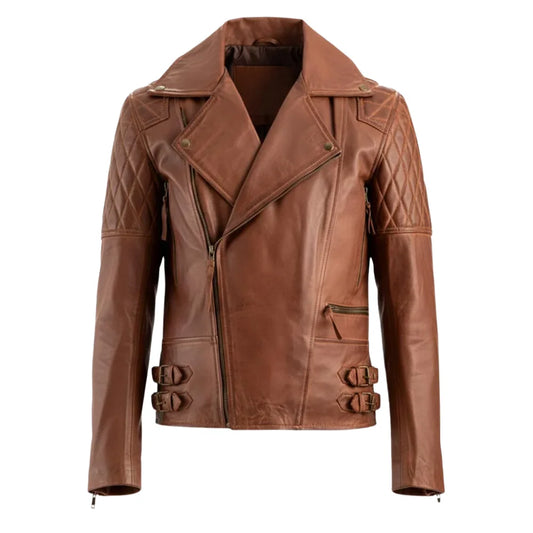 Men’s Brown Quilted Biker Leather Jacket with Double Buckle Waist