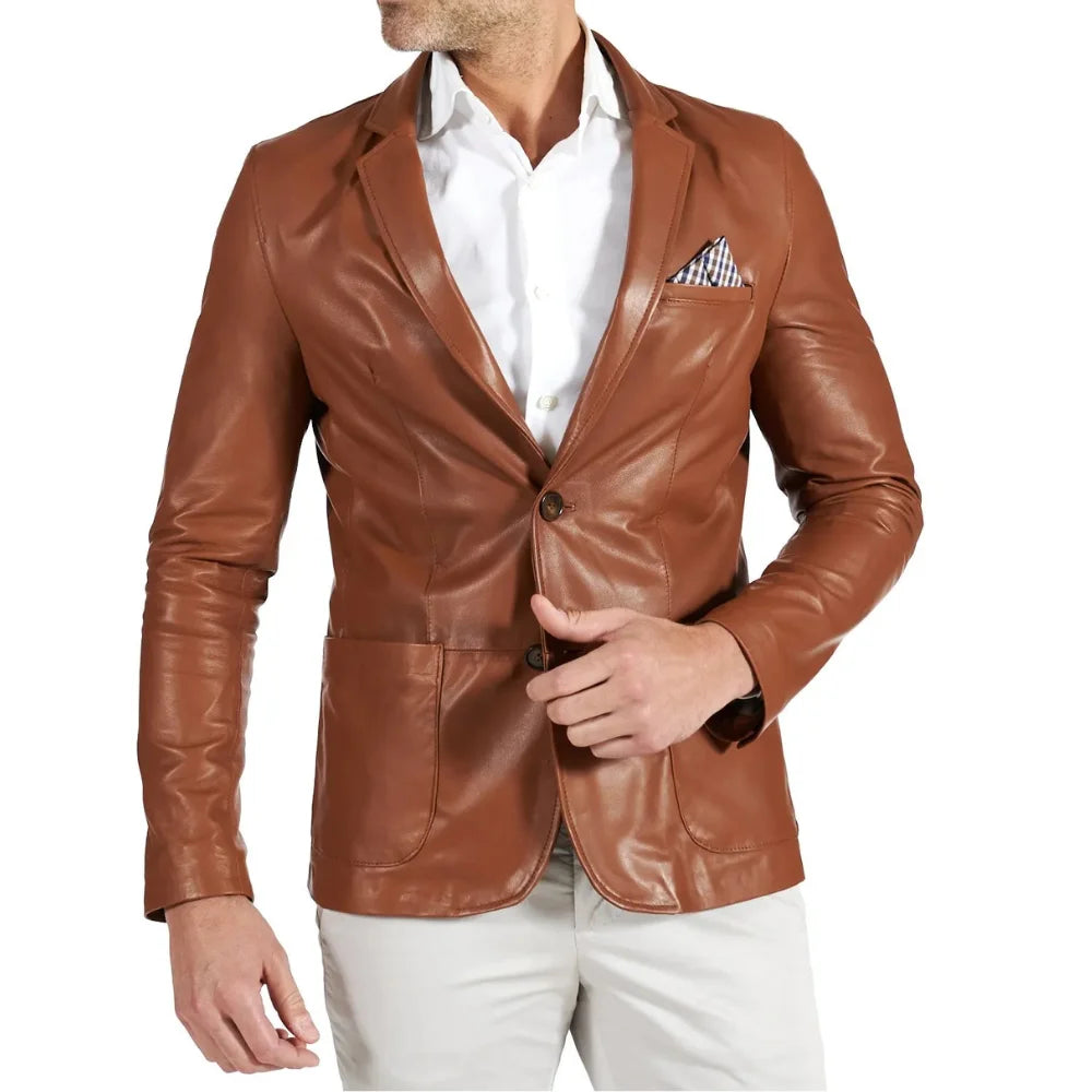 Mens Brown Two Button Tan Natural Leather Blazer Jacket