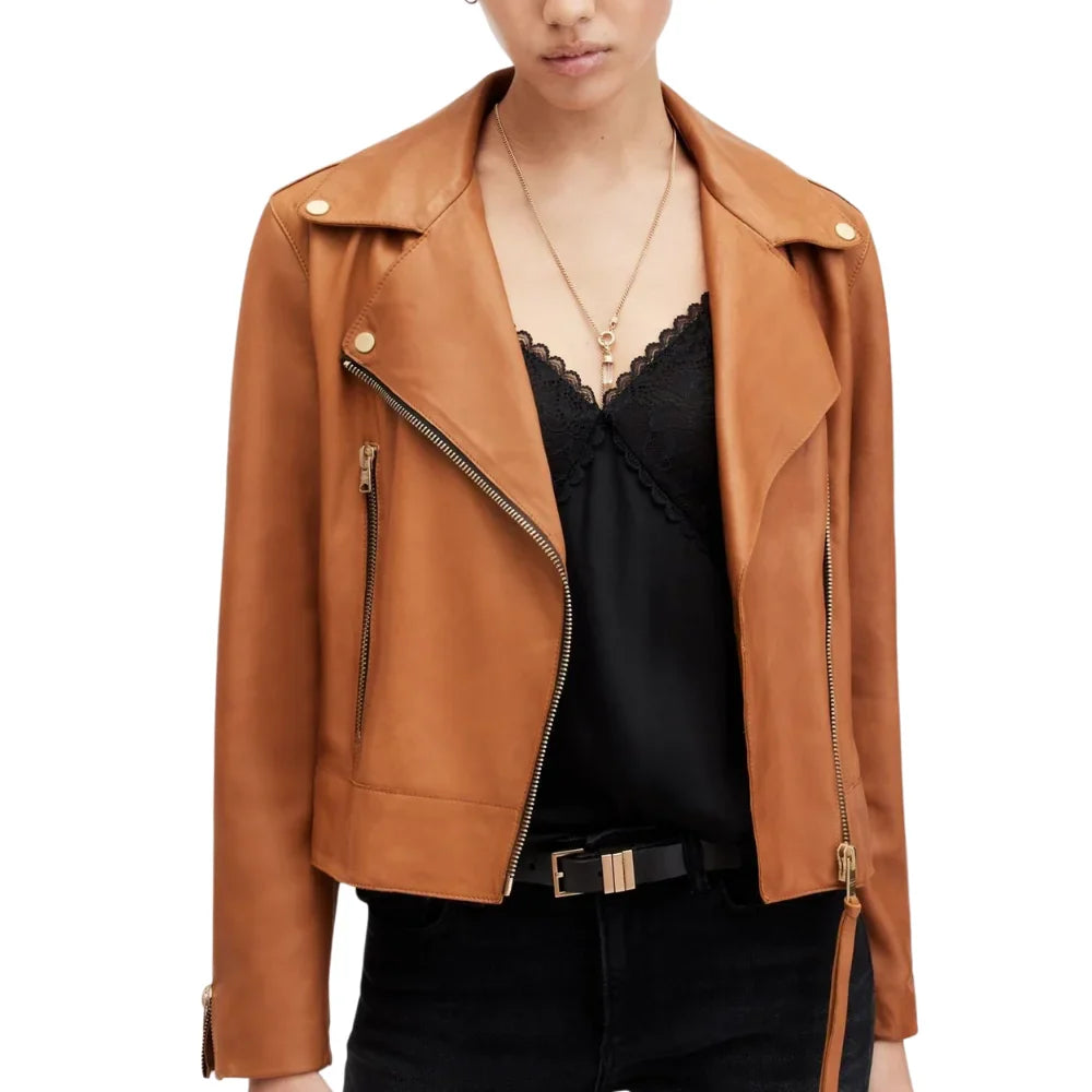 Women’s Tan Real Leather Biker Jacket - Trendy Jacket