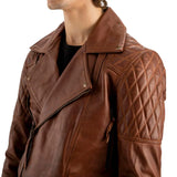 Men’s Brown Quilted Biker Leather Jacket with Double Buckle Waist