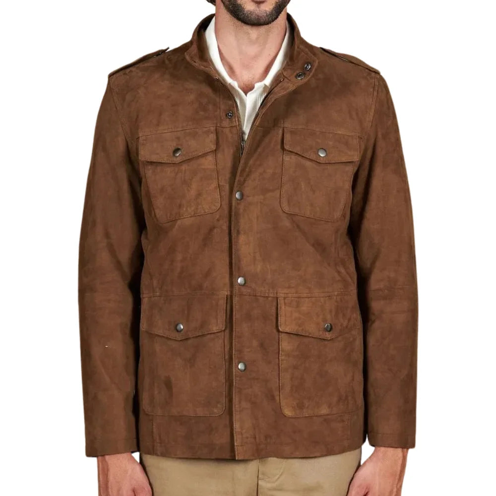 Men's Sahara Brown Suede Leather Coat With Patch Pockets