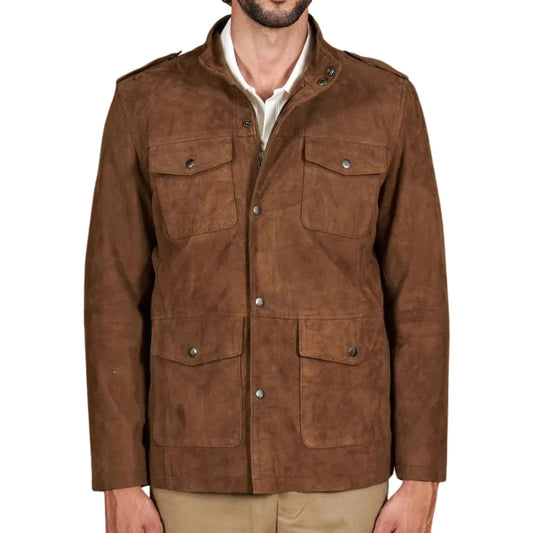 Men's Sahara Brown Suede Leather Coat With Patch Pockets