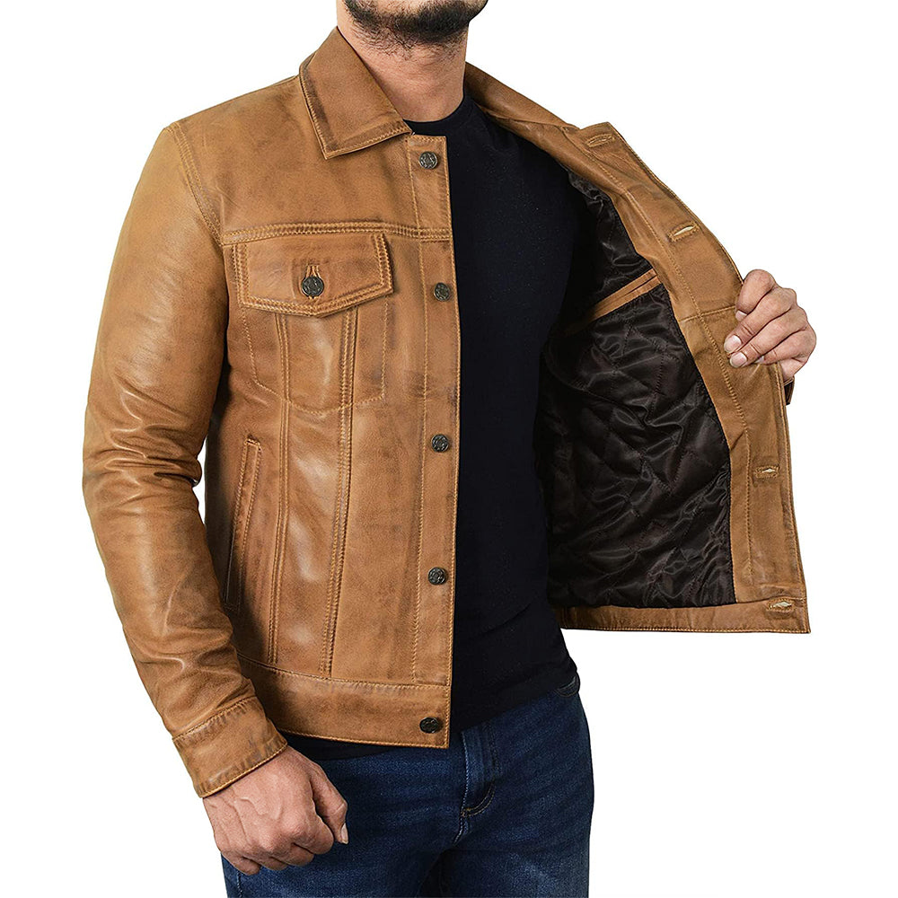 Men's Camel Brown Trucker  Leather Jacket